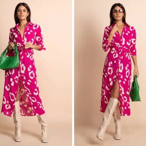 NWT Alva Midi Shirt Dress in Oversized Leopard Cream on Beetroot